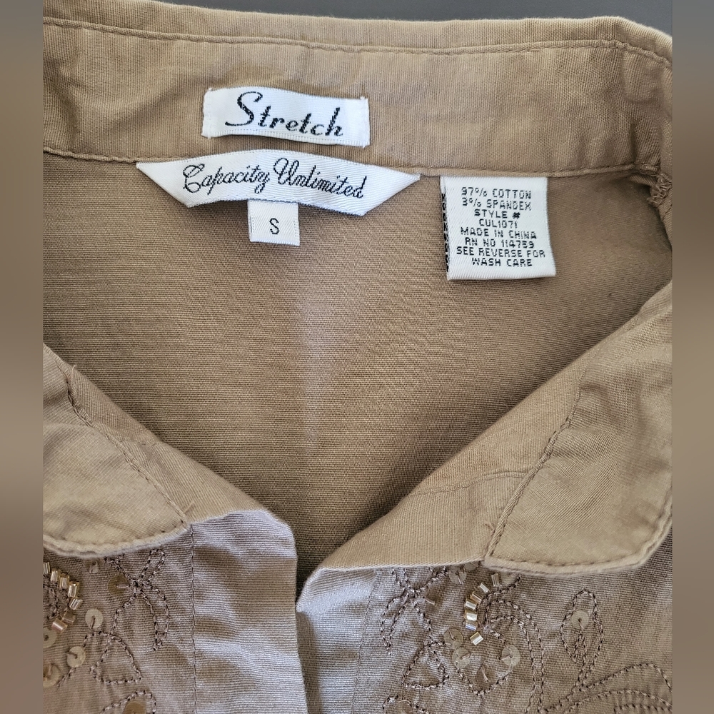 Women's Slim Fit Button Down 3/4 Sleeves Shirt Beige S - Picture 3 of 7
